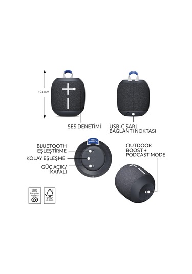 Ultimate Ears Wonderboom 4 Taşınabilir Su Geçirmez Bluetooth Hoparlör, Büyük Bas Ve 360 Derece Ses - Siyah