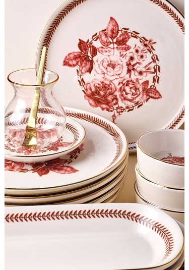 Danish Rose Yaldızlı 37 Parça 6 Kişilik Stackable Kahvaltı Takımı Ve Sunum Seti Pembe Pembe