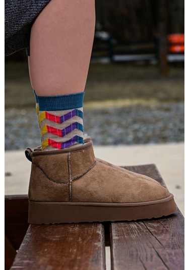 Kadın Yeşil-mor Zikzak Desenli Soket Çorap Renkli