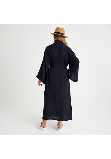 Miespiga Pamuklu Dokuma Beli Kuşaklı Maxi Kadın Kimono Kaftan - Small Medium Siyah