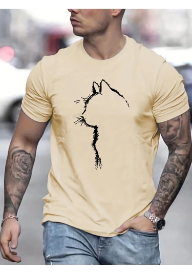 Guılan Erkek %100 Pamuk Yazlık Spor Tişört - Kedi Desenli Rahat Yuvarlak Boyun Kısa Kollubej Bej