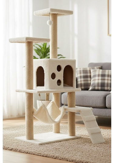 Missidea B10 Hamaklı Yuvalı Lüx Kedi Tırmalama Evi Beyaz