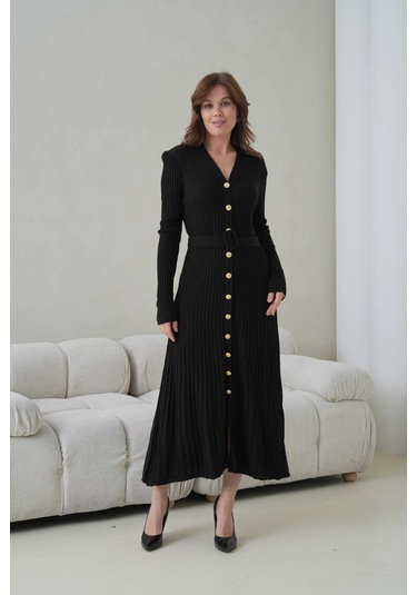 Kadın V Yaka Ful Düğme Kapama Kemer Detay Maksi Boy Fitilli Triko Elbise Siyah
