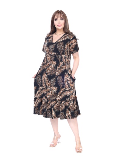 Melsay Butik Göğüsten Robalı V Yaka Kısa Kollu Siyah Başak Desen Cepli Elbise Lacivert