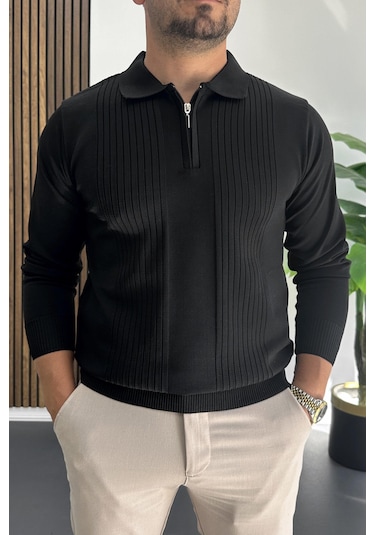 Erkek Çizgi Desenli Normal Kalıp Kazak Siyah Edw422 Siyah