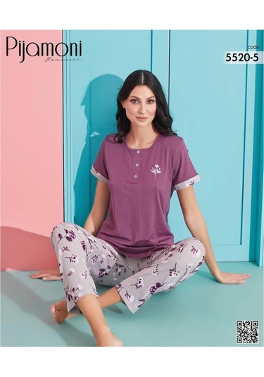 Pijamoni Kadın Viskoz Likralı Düğme Yaka Kaşkorse Patlı Kısa Kol Pijama Takımı 5520-5 / 1 Adet Mor