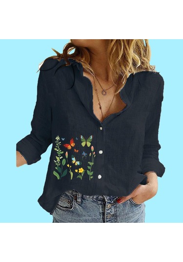 Kadın Moda Pamuk Keten Gömlek Bayan Dik Yaka Baskılı Üst Casual Düğmeli Uzun Kollu Bluz Siyah