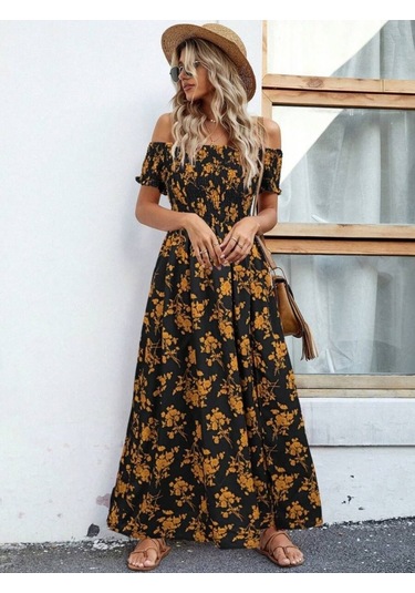 Kadın Kısa Kollu Madonna Yaka Yırtmaçlı Çiçek Desenli Süprem Elbise Siyah