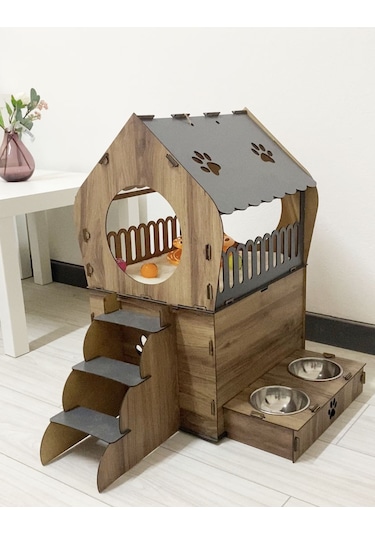 Nursoft Dekoratif Teraslı Kedi Evi ve Mama Kabı Seti 51 x 65 CM
