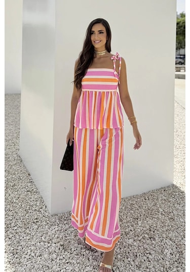 Lolipop Pastel Çizgili Beli Bol Salaş Askılı Rengarenk Yazlık Tatil Pantolon Bluz Takım Pembe