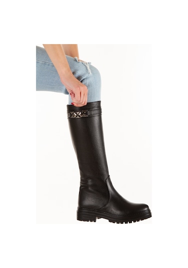 İlolica Hakiki Deri Kalın Taban Kadın Çizme Siyah