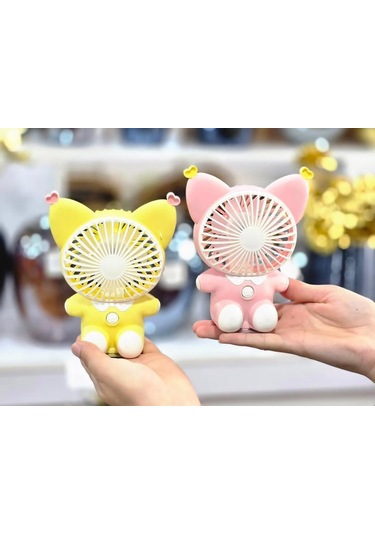 Sevimli Hayvan Masaüstü Şarzlı Özel Figürlü Sarı Renk El Fanı