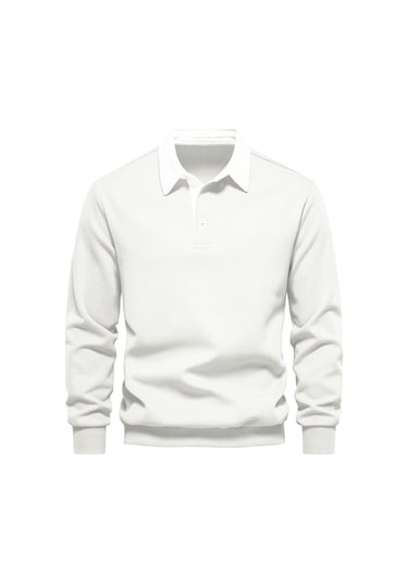 Ghassy Co. Erkek Retro Renk Bloklu Pamuklu Gömlek Yaka Sweatshirt BEYAZ