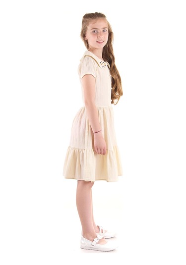 Ahengim Kız Çocuk Düğmeli Yaka Nakışlı Elbise Trend Pamuklu Pamuklu Ak2523 KREM