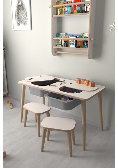 Çocuk Oyun Ve Aktivite Masası - 2 Tabure - Gri Sepetli Beyaz-gri Beyaz - Gri