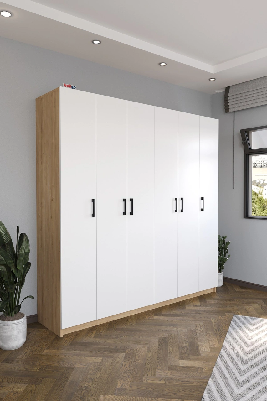 Bofigo 6 Kapaklı 16 Raflı Gardırop Elbise Dolabı 6 Kapaklı Gardırop Smyrna Safir Meşe Beyaz Kahverengi