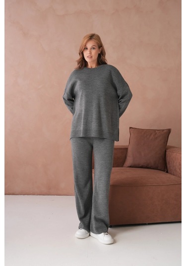 Kadın Bisiklet Yaka Yırtmaçlı Kazak Pantolon İkili Triko Takım Antrasit