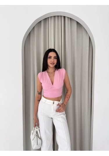 Defymoda Vatkalı Kolsuz V Yaka Drapeli Crop Bluz Likralı Fit - Pembe