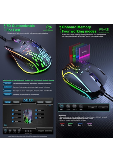 İmıce T97 Oyun Faresi Rgb Led Işık Usb 7 Düğmeler 7200 Dpı Kablolu Oyun Faresi Siyah Diğer