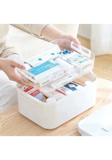 Sones Ev Tipi Taşınabilir Kozmetik Bitirme Saklama Kutusu Büyük Kapasiteli Aile Güvenliği Acil Durum Saklama Kutusu Çift Katmanlı İlaç Kutusu, Boyut: L-28,5x19,5x18,5 Cm Beyaz