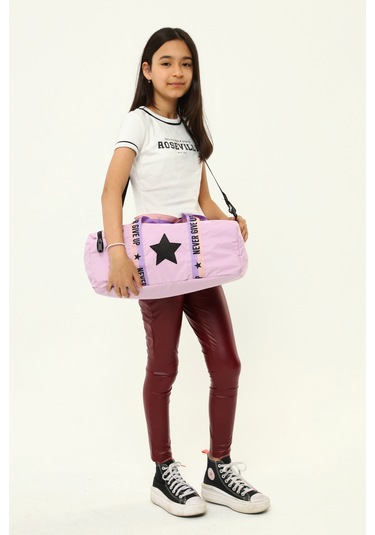 Kız Çocuk Yıldız Baskılı Spor Çanta, Yan Cepli Spor Çanta - Lila