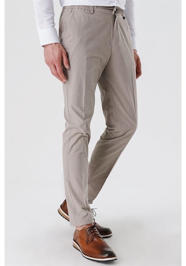 Koyu Bej Çizgili Armürlü % 100 Pamuk Yan Cep Slim Fit Dar Kesim Casual Pantolon 1003230159-koyu Bej Koyu Bej