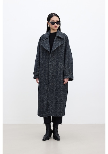 Asimetrik Kapama Kaşe Kaban Siyah Siyah