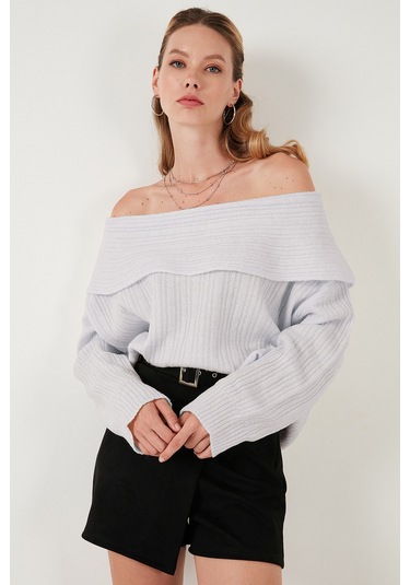 Lela Oversize Fit Madonna Yaka Triko Bayan Kazak 4615216 Açık Gri