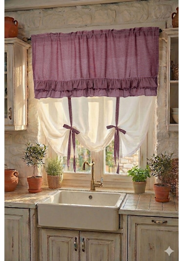 Country Style Potlu Perde Çift Fırfırlı Bordo