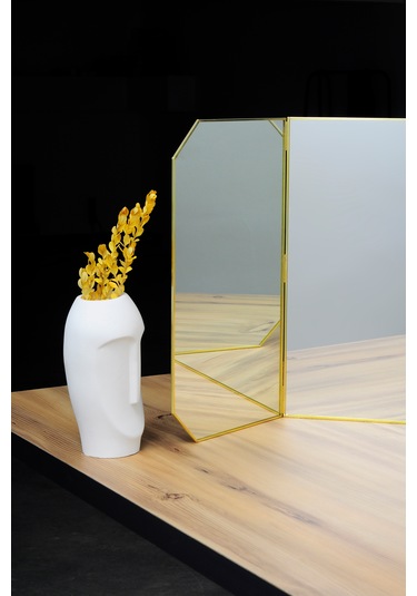 Makyaj Aynası Masaüstü Büyük Pirinç Gold 100x45cm Gold