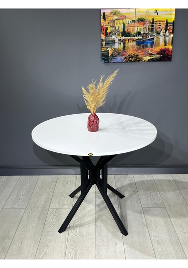 Sedef Beyaz Yuvarlak Mutfak Masası Yemek Masası Balkon Masası Metal Siyah Ayak 100 Cm