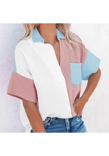Yaz Moda Rahat Gevşek Gömlek Kadın Patchwork Renk Kısa Kollu Pamuklu Bluz Kadın Düğme Yukarı Gömlek Elbise Tops 26436 Pembe