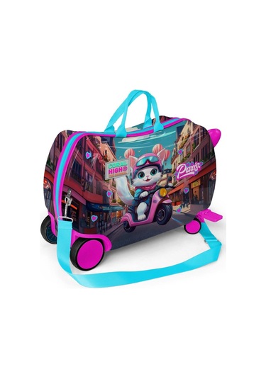 Coral High Otur-çek Kız Çocuk Valizi - Pembe Motorlu Kedi Çok Renkli