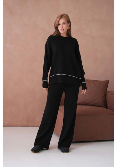 Kadın Bisiklet Yak Adüşük Kol Kazak Fitilli Pantolon İkili Triko Takım Siyah