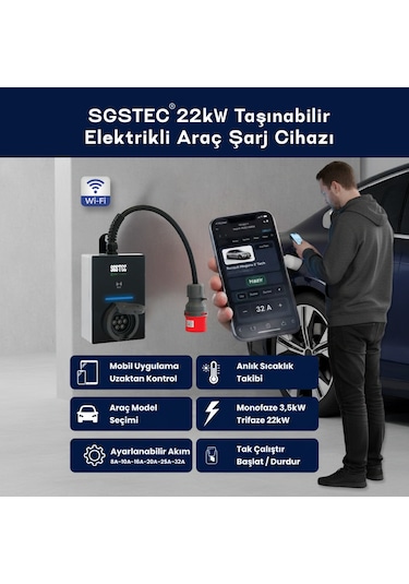 SGSTEC Flex 22kW Soketli Elektrikli Araç Şarj Cihazı