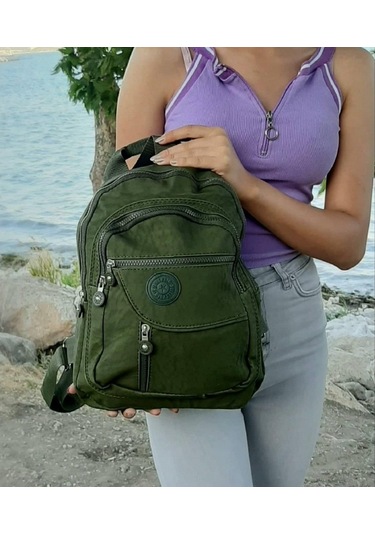 Fiyra S1 Haki Renk Krinkıl Kumaş Dört Bölmeli Bayan Sırt Çantası-Haki-Std