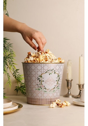 Metal Popcorn Kutusu - Patlamış Mısır Kovası 13.5 Cm, Rosy Er149-u7 Desenli