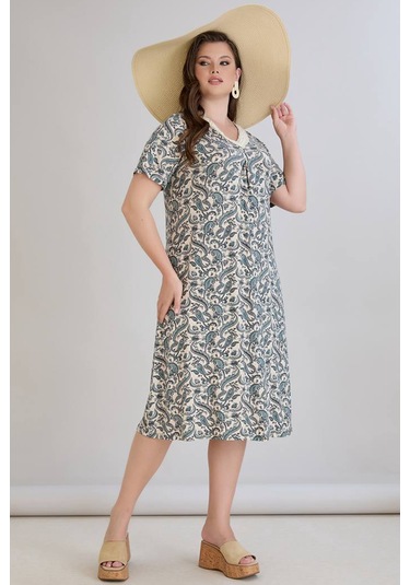 Wearon Kadın Beliz Büyük Beden Dantelli Kısa Kollu Turkuaz Elbise Bej