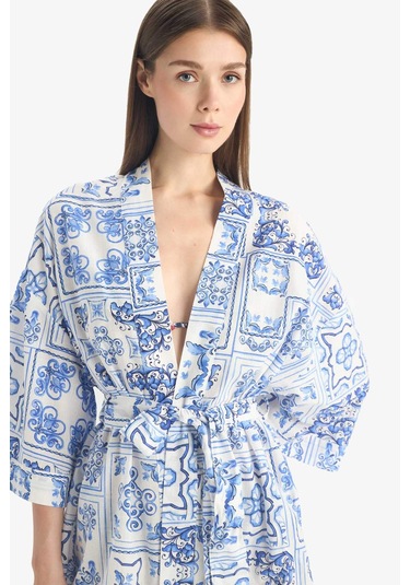 Defacto Regular Fit Desenli Kuşaklı Pamuklu Kimono-fall İn Love D0453ax25spbe758 Mavi