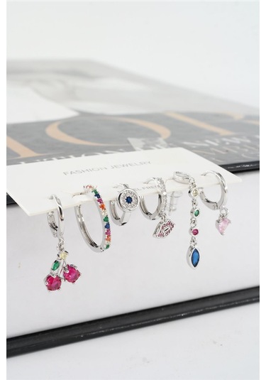 Kadın Vip Seri Mix Zirkon Taşlı 6'lı Küpe Seti Çok Renkli
