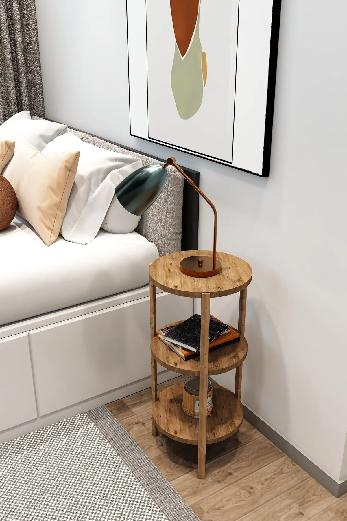 Miray 3 Raflı Yuvarlak Ahşap Sehpa / Çok Amaçlı Kullanım / Yüksek Kalite, Şık Tasarım Atlantik Çam