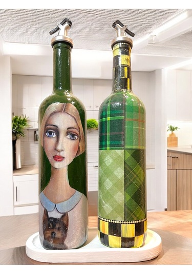 Vintage Sanat Desenli Retro Yeşil Cam Yağdanlık Seti-sirkelik Sosluk Seti- Ev Ve Mutfak Dekoru Yeşil