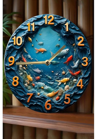 Akvaryum Ve Balık Temalı Mdf Duvar Saati 3d Görünümlü, Sessiz Quartz Mekanizma, 2d Hd Baskı Sdw243 Renkli