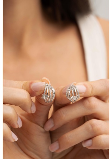 Kafes Tasarım Rodyumlu Gümüş Küpe 7027 Gümüş