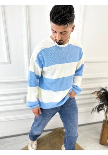 Kazak Oversize Tüylenmez Naturel Pamuk Örme Triko Kazak Mavi