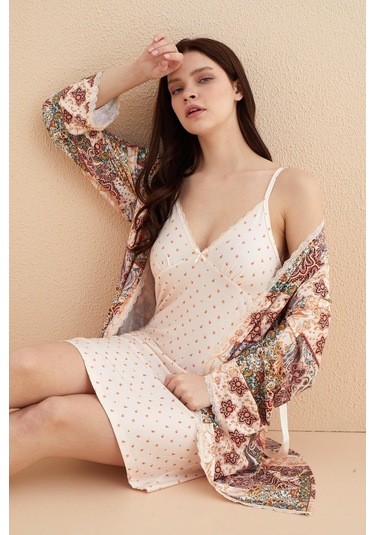 Kutulu Zen Örme Sabahlıklı Gecelik Takım - Çeyizlik Somon