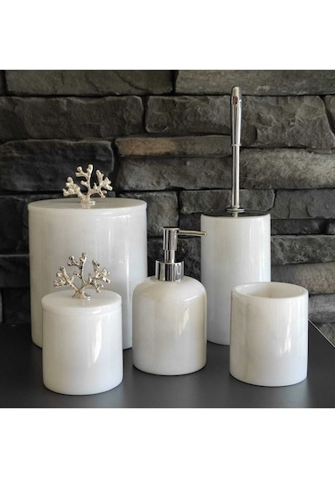 Beyaz Mermer Gümüş Renkli Mercan Aksesuarlı 5'li Banyo Seti Beyaz