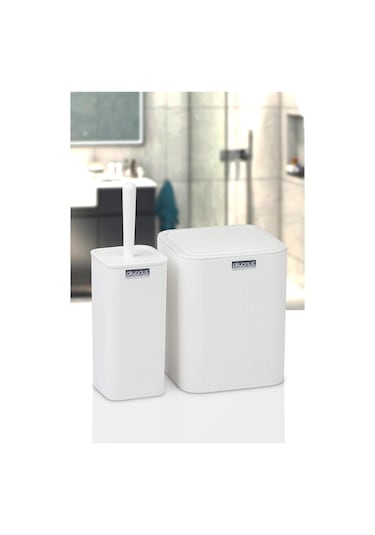 Okyanus Home Mina Beyaz Çizgili Kare 2'li Wc Kova Ve Fırça Seti Beyaz