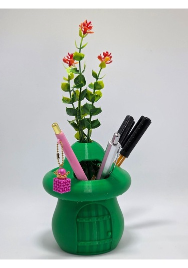 Kalemlik Yeşil Sima Mantar Çiçekli Üç Gözlü Kalemlik Düzenleyici Yeşil