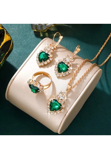 Kadın Yuvarlak Saat Ve Kolye+küpe+yüzük Takı Seti, 5 Adet/takım Yeşil